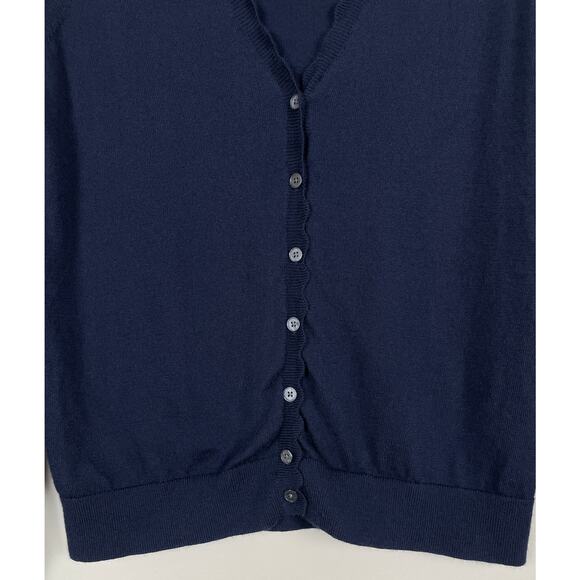 Boden Merino Wool Scallop Trim Cardigan Navy Blue Size 10 Button Front V-Neck - Picture 9 of 13